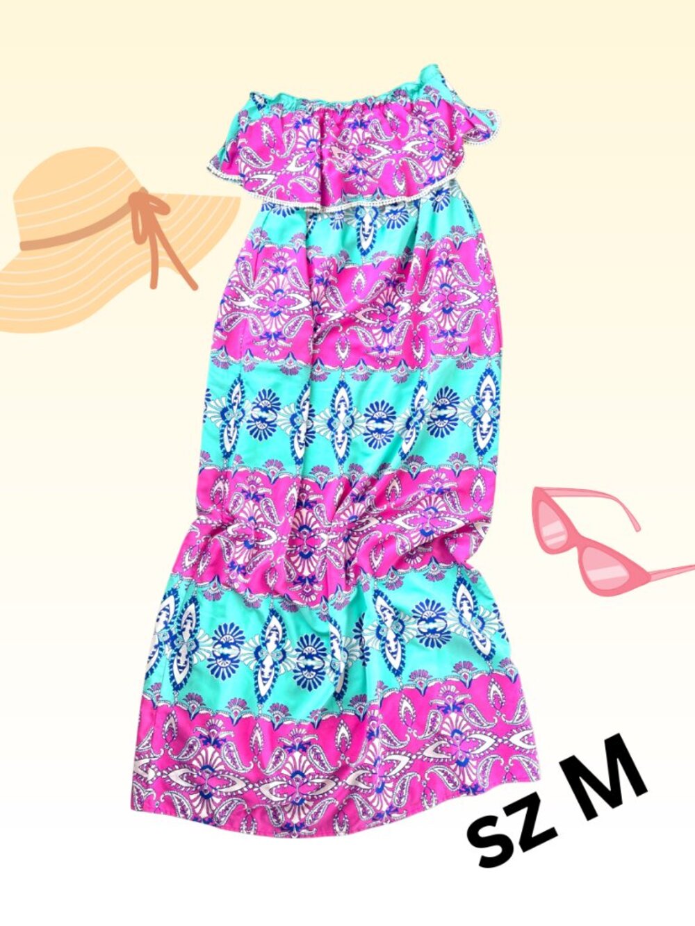 PEACH LOVE Maxi Dress MEDIUM Pink Paisley Women’s Dress Off Shoulder Sz M